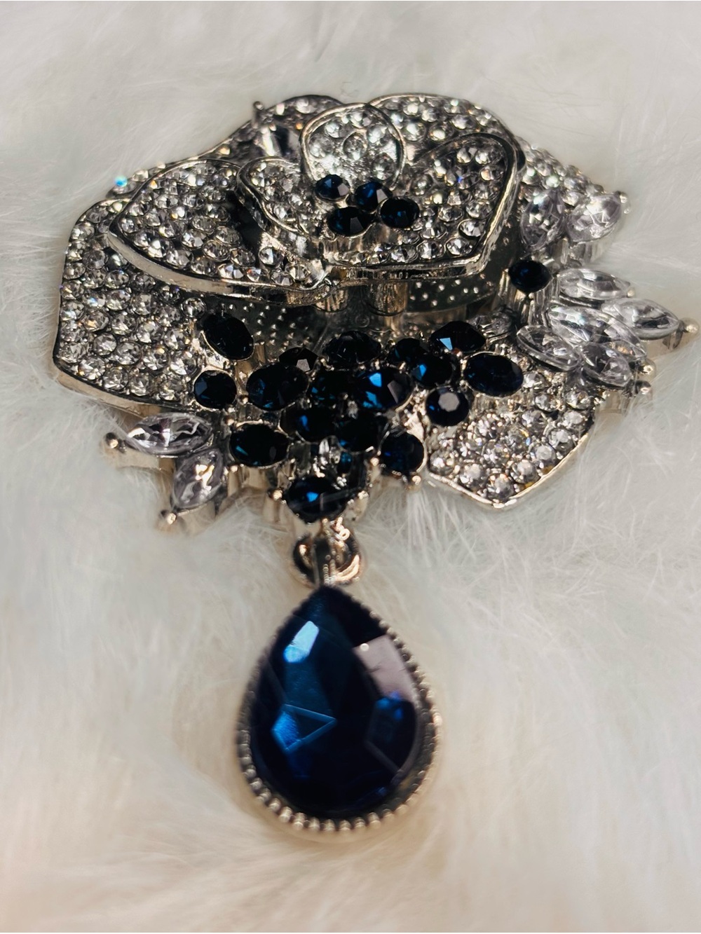 Navy Blue & Clear Rhinestone Floral Brooch with Teardrop Dangle